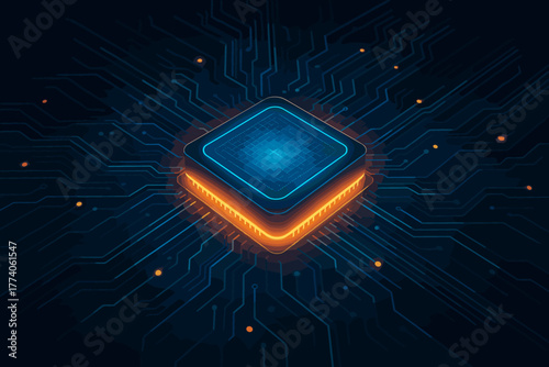 Glowing microchip with an intricate circuit pattern surrounded by a network of blue lines and bright orange accents on a dark background.