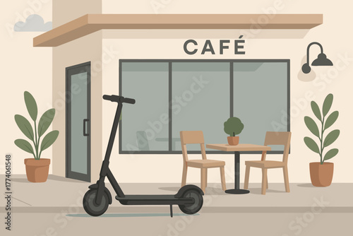 Black electric scooter parked in front of a cozy café with modern glass windows and outdoor seating surrounded by potted plants.