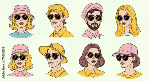 Eight diverse young adults wearing sunglasses and various hats, showcasing different styles and expressions, with vibrant clothing and accessories.