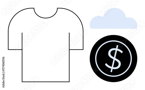 T-shirt outline, light blue cloud, and dollar coin symbolize online shopping, fashion retail, financial technology, and sustainability. Ideal for e-commerce, fashion, finance environment branding