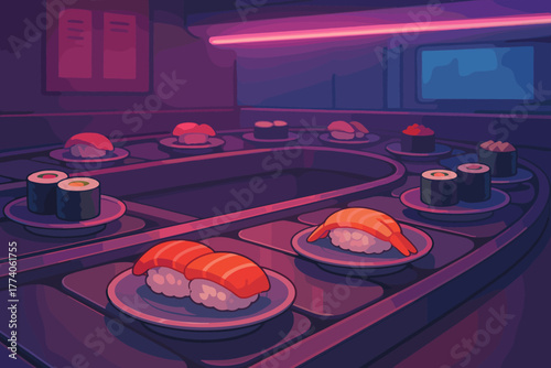 Assorted sushi plates on a conveyor belt in a dimly lit, neon-accented restaurant interior.