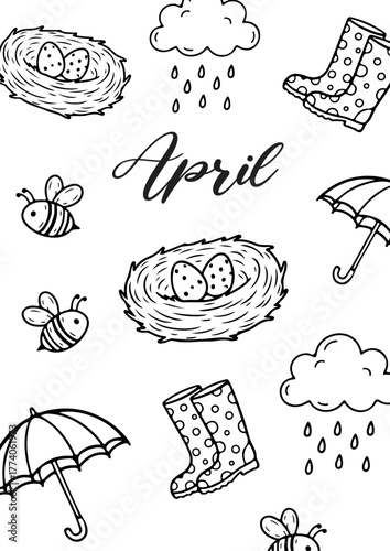 april month cover page Bullet Journal Printable Planner Page Template, Vector Illustration, A4 and A5 Sizes, Hand Drawn Doodle Style. Planner pages bullet journal A5 A4 format.