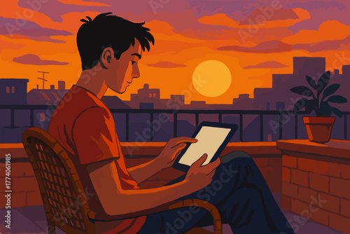 Young caucasian male sitting on a balcony at sunset, engrossed in using a tablet device, with a vibrant orange sky and cityscape in the background.
