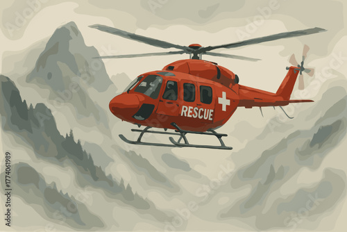 Red rescue helicopter navigating through mountainous terrain under overcast skies.
