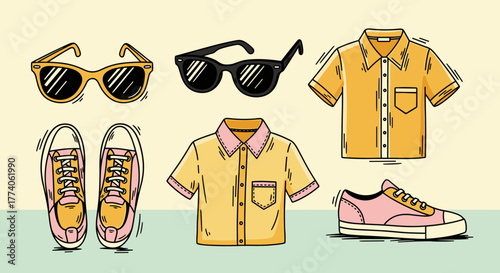 Hand-drawn style illustration of yellow sunglasses, casual shirts, and sneakers in a playful, colorful design emphasizing fashion and casual wear accessories.