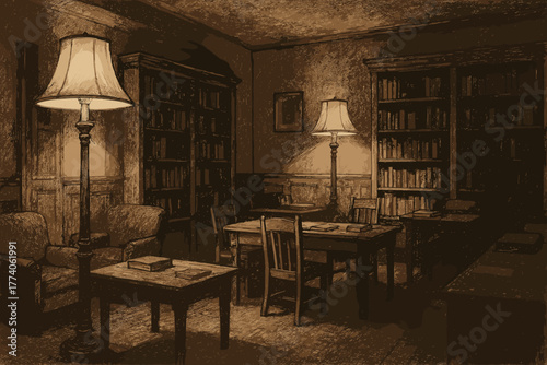 Sepia-toned vintage library interior featuring wooden tables, chairs, bookshelves, and standing lamps, creating a cozy and timeless atmosphere.