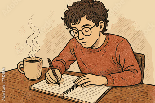 Young caucasian male wearing glasses writing in a notebook at a wooden table with a steaming cup of coffee beside him.