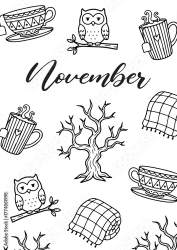 november month cover page Bullet Journal Printable Planner Page Template, Vector Illustration, A4 and A5 Sizes, Hand Drawn Doodle Style. Planner pages bullet journal A5 A4 format.