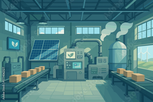 Industrial factory interior with automated machinery, solar panel, and cardboard boxes on conveyor belts, emphasizing eco-friendly production.