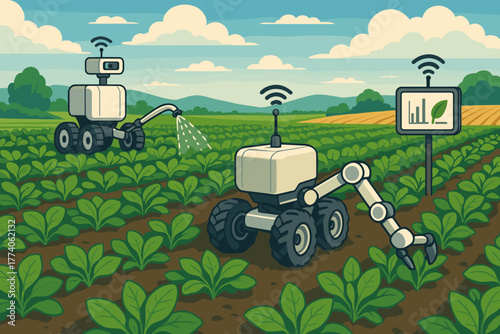 Two advanced agricultural robots tend to rows of crops in a lush field, monitored by a digital device displaying plant health data.