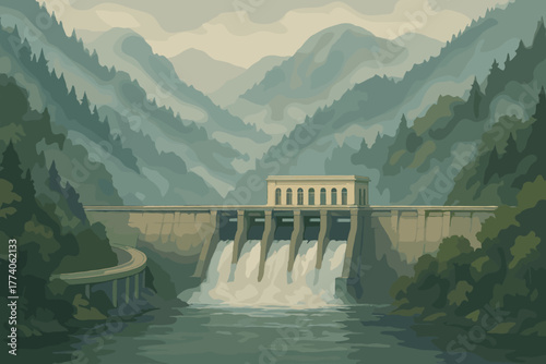 A large concrete dam with cascading water, set against a backdrop of lush green forests and tall, misty mountains.