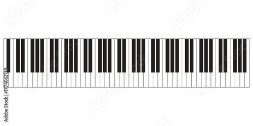 Piano keyboard, row of black and white keys.