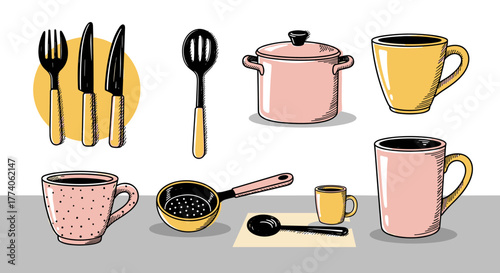 Stylized kitchenware set featuring utensils, pots, and mugs in soft pastel tones with a modern, minimalistic design.