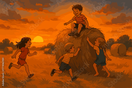 Four young children play joyfully around a hay bale in a golden field at sunset, capturing the essence of childhood fun and adventure.