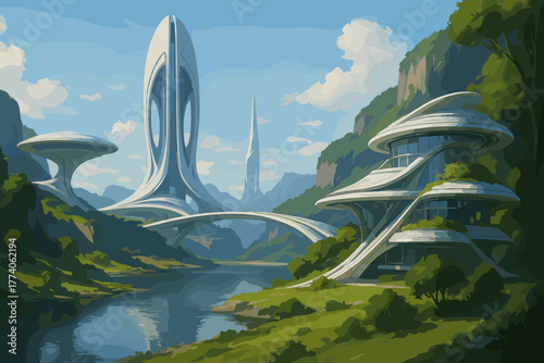 Futuristic architectural structures with sleek designs nestled in a lush landscape, featuring a tall tower and surrounding curved buildings by a serene river.