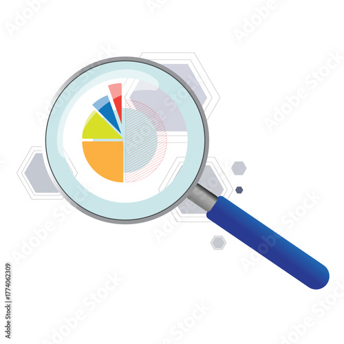Illustration of pie chart and magnifying glass, image illustration.