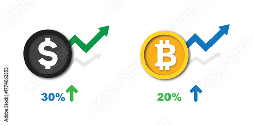 Dollar and bitcoin Coins with Upward Arrows Representing Financial Growth in Minimalist Flat Style.