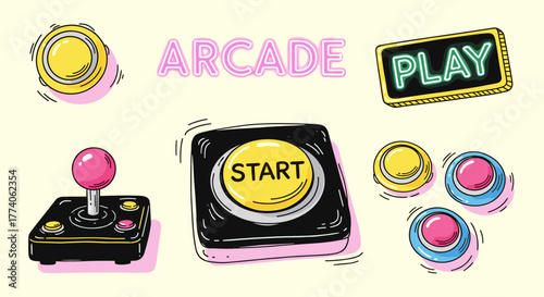 Retro-themed arcade game elements featuring a joystick, colorful buttons, and words "arcade" and "play" in neon-style text.