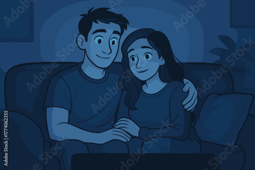Animated couple embracing while seated on a sofa, gazing at each other with warmth and affection in a cozy indoor setting.
