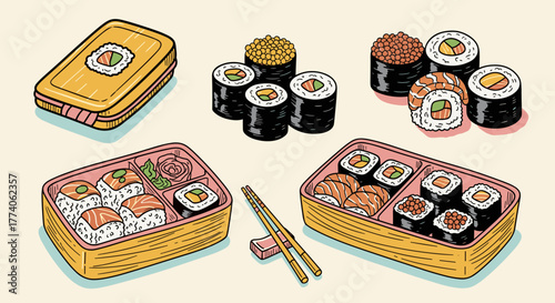 Assorted sushi rolls and sashimi in bento boxes and on plates with chopsticks, featuring nigiri, maki, and colorful fish roe garnish.