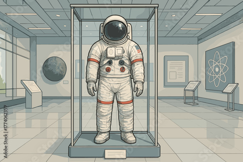 Astronaut suit displayed in a museum exhibit, enclosed in a glass case, showcasing historical space exploration attire.