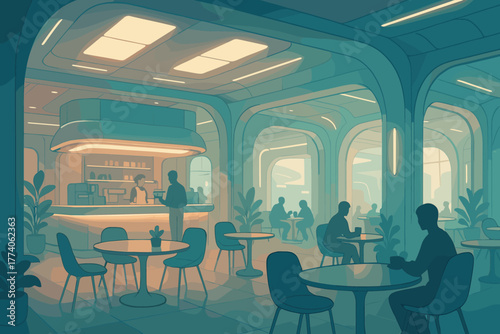 Modern, futuristic cafe interior with curved architecture and ambient lighting, featuring silhouetted figures sitting at tables, and a person ordering at the counter.