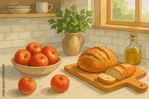 Cozy kitchen scene with freshly baked bread on a wooden cutting board, a bowl of vibrant red apples, a jug of parsley, and a bottle of olive oil by the window.
