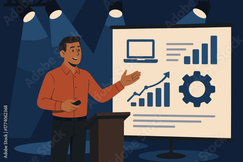 Young male presenter in an orange shirt giving a presentation with statistical charts on a projector screen.