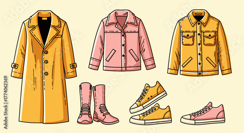 Illustrative set of stylish outerwear and footwear featuring a yellow coat, pink jacket, orange jacket, pink boots, yellow sneakers, and pink sneakers.