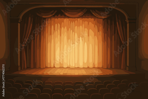 Illuminated theater stage with closed red velvet curtains, warm lighting, and rows of empty seats in a performance hall.