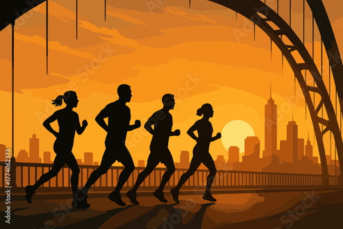 Silhouettes of two male and two female adults jogging across a bridge at sunset, with a city skyline in the background.