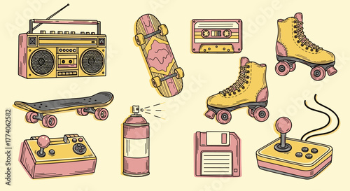 Collection of vintage retro objects including a boombox, skateboard, cassette tape, roller skates, spray can, and joystick controller.