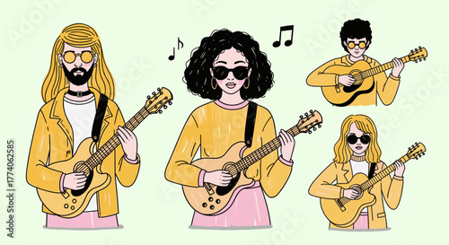 Four musicians playing electric guitars, including two caucasian males and two caucasian females, all wearing sunglasses and casual clothing.