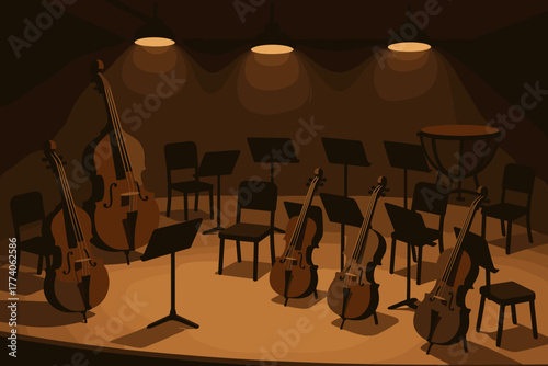 Empty orchestral music stage featuring string instruments including cellos, a double bass, and music stands under warm stage lighting.