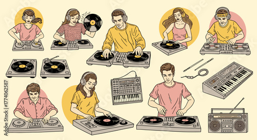Diverse group of young adults engaged in djing activities using turntables and electronic musical equipment, each focused on mixing music.