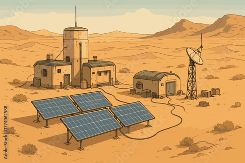 Desert research outpost with solar panels, satellite dish, and various structures amidst sandy terrain.