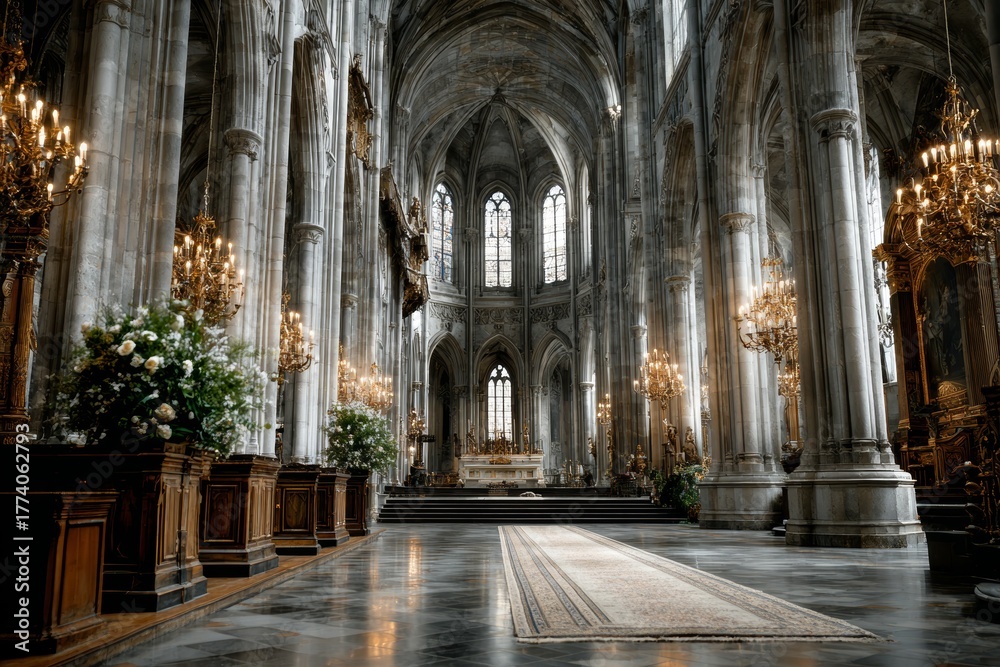 Fototapeta premium Gothic architecture interior with ornate chandeliers and intricate stone details showcasing elegance
