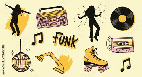 Vintage funk-themed collage with silhouettes of dancing figures, boombox, disco ball, roller skate, cassette tape, and music notes.