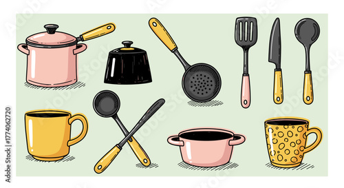 Various kitchen utensils and cookware, including pots, pans, mugs, and utensils, depicted with colorful handles on a light background.
