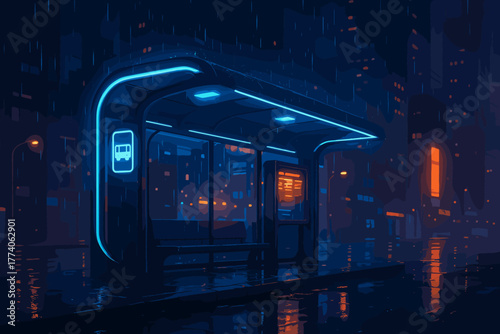 Futuristic neon-lit bus stop in a rainy urban night scene, with glowing signage and reflections on wet pavement.