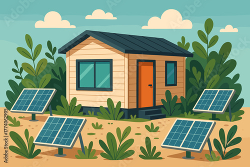 Small wooden cabin surrounded by solar panels amidst lush greenery under a clear sky, showcasing sustainable living and renewable energy.