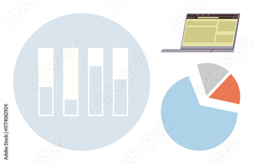 Bar chart and pie chart for analytics, laptop showing data entry. Ideal for statistics, research, reporting, business growth, analysis, decision making presentations. Simple flat metaphor