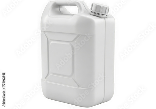 White plastic jerry can container with handle and cap for liquids storage and transportation transparent background
