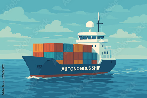 Autonomous cargo ship sailing through calm blue waters, carrying multiple colorful shipping containers on its deck.