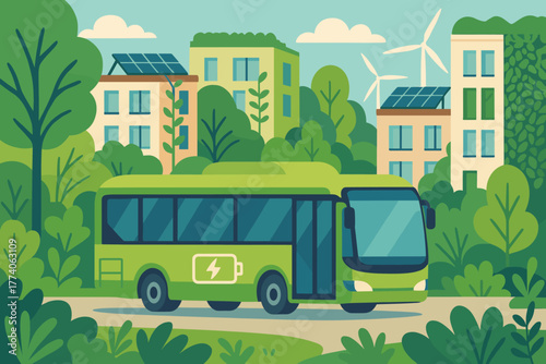 Electric bus with a charging symbol travels through a green cityscape featuring modern buildings with solar panels and wind turbines in the background.
