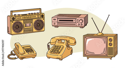 Retro electronic devices illustration featuring a boombox, vcr, rotary phone, corded desk phone, and vintage tv with antenna in a nostalgic arrangement.