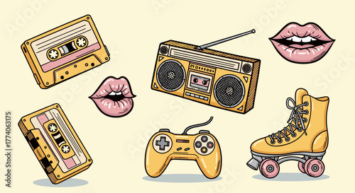 Retro-themed illustration featuring two vintage cassette tapes, a boombox, lips, a game controller, and a single roller skate on a light background.