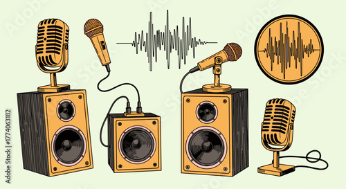 Vintage-style microphones and speakers with sound wave illustrations, showcasing audio equipment and design elements.