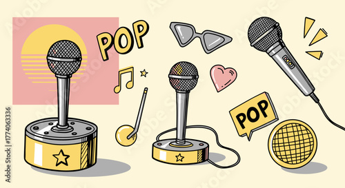 Illustrated vintage microphones and pop culture elements like sunglasses, music notes, and speech bubbles, showcasing a retro musical theme.