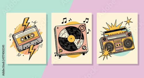 Three colorful retro music-themed illustrations featuring a cassette tape, a vinyl record player, and a boombox, each with vibrant musical and decorative elements.
